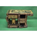 Unusual Oriental lacquered and painted nest of three tables incorporating drawers and cupboard to