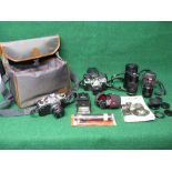 Asahi Pentax SP500 camera and lens together with a Olympus OM-1 camera and lenses and accessories
