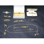 Group of eight gold bar brooches together with a quantity of other jewellery Please note