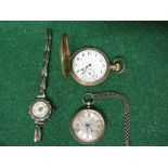 Gold coloured half hunter pocket watch together with one silver pocket watch, silver wrist watch and