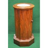 Victorian mahogany circular pot cupboard having marble insert top over a single door, standing on