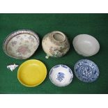 Group of six pieces of Oriental ceramics to comprise: yellow glazed bowl having impressed decoration