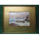 Mackintyre(?), watercolour of rough seas on a rocky coastline, possibly Cornwall, with Seagulls