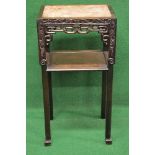 Oriental hardwood two tier plantstand having rectangular top with marble insert over a pierced