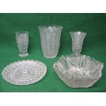 Group of five pieces of cut glass to include: circular dish, hexagonal fruit bowl and three vases
