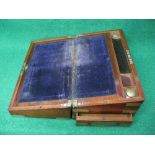 Mahogany brass bound writing slope opening to reveal purple baized writing surface and ink wells ,
