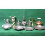 Group of brass, copper and pewter ware to include: copper kettle, two pairs of brass candlesticks,