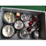 Crate of vehicle lamps and light fittings by Lucas, CAV and Butlers together with a pair of chrome