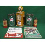 Mixed lot to include: two Shell and two Castrol oil cans, three signs and a wooden Route 66 gasoline