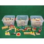 Three large lidded storage boxes of Brio and Thomas The Tank Engine wood and plastic railway with