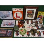 Mixed lot to include: two horns, Britax flashing orange warning lights, bespoke HGV L plate,