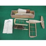 Part built fly-by-wire balsa wood model aircraft with 1949 plans for a Veron Bee-bug stunt plane