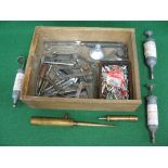 Wooden tray of spanners, tyre pressure gauges, grease guns, fuses, Enots oil can etc Please note