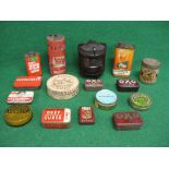 Quantity of household product tins together with a large Flag dry cell battery and Bakelite tea