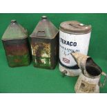 Two five gallon Castrol pyramid cans with caps, a twenty five litre Texaco Motor Oil drum with