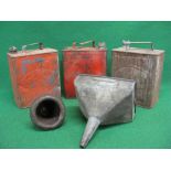 Two Esso and one plain two gallon fuel cans together with a large galvanised Eltex filter funnel and