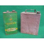 Two gallon Shell Motor Spirit can with Shell cap together with a BP Energol Visco-Static Motor Oil