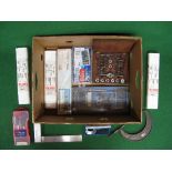 Box of welding rods, tap & die sets, threaded repair kit, boxed micrometer, circlip assortment etc