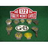 Eight AA badges, aluminium GB plaque and a plastic Monte-Carlo Rallye plaque Please note