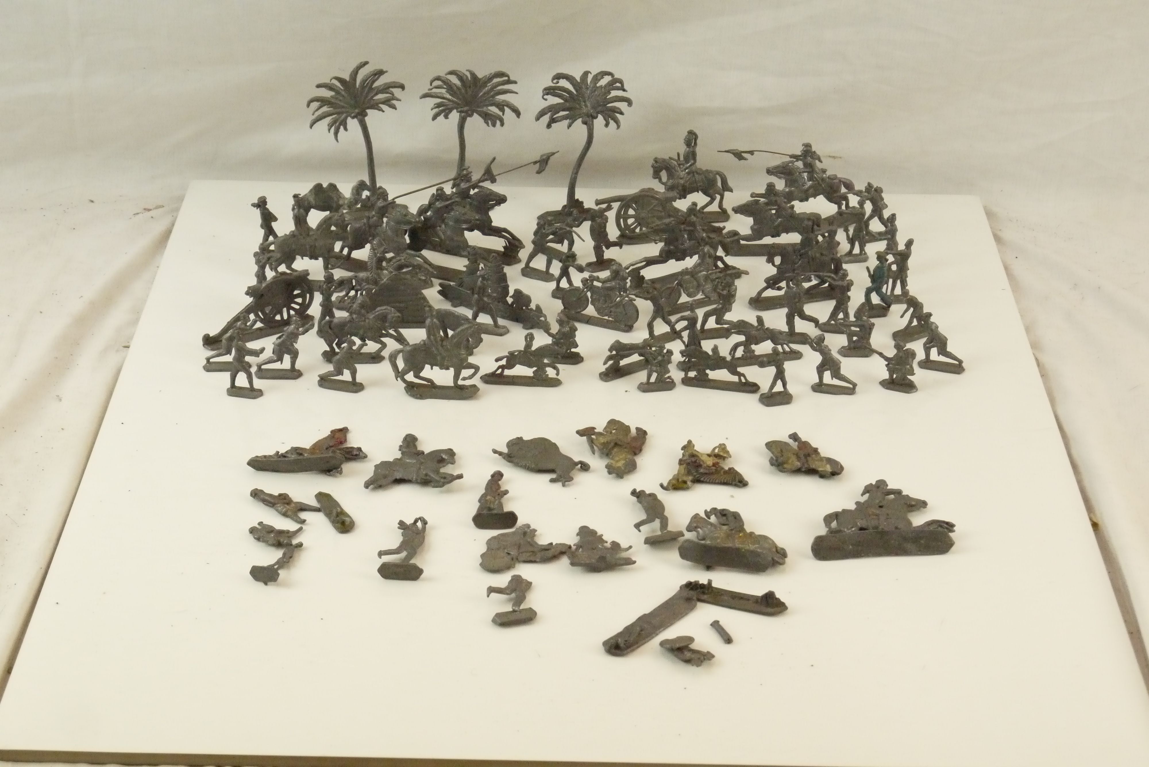 Collection of mid 20th C metal flats figures and accessories, various military subjects plus trees