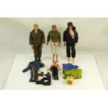 Two original Palitoy Action Man figures plus a 1974 Mego James Bond 007 figure and one other,