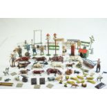 Quantity of mid 20th C metal farm figures, animals and accessories to include Britains, Hornby etc