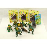 Five playworn Playmates Teenage Mutant Ninja Turtles action figures and vehicles to include