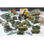 22 x Playworn diecast and tinplate models, mainly military, featuring Dinky ambulance, Solido