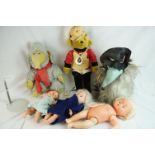 Six playworn dolls and teddy bears to include Merrythought, etc