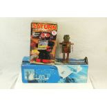 Boxed Saturn robot, showing signs of playwear and missing sticker, plus boxed Discovery Shuttle