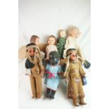 Group of mid 20th C dolls to include 2 x Carlson Native American dolls, Pedigree black doll etc