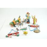 Eight mid 20th C tin plate toys to include French Cachet de Garantie, 2 x Pecking Chickens (