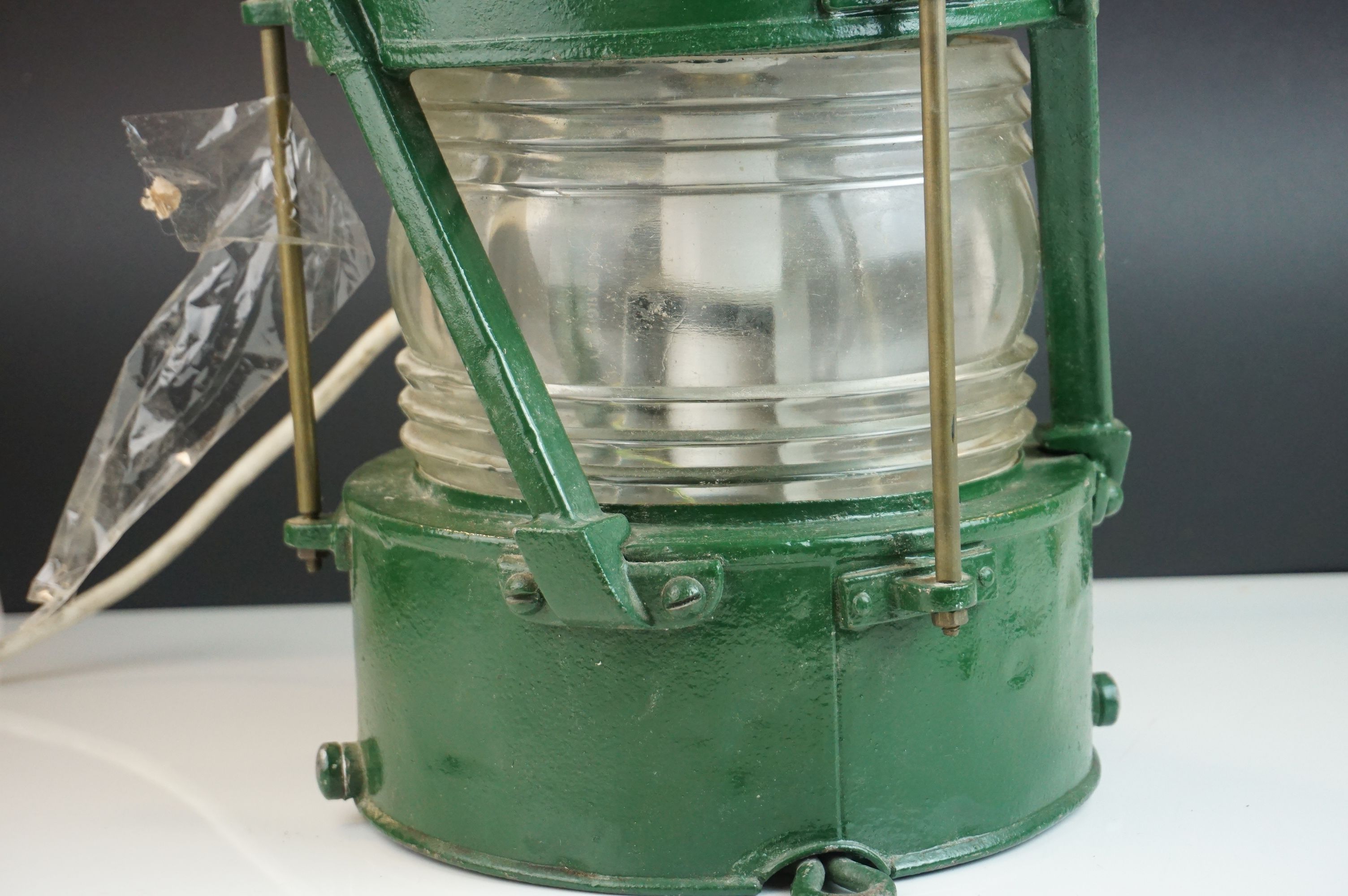 Ships Lamp, green finish, converted to electric, 1930's, 54cms high (to top of handle) - Image 3 of 6
