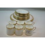 Set of six Wedgwood Gold Ulander Trios and two 8 inch plates.