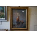 Oil on Panel of a Busy Marine scape with Fishing Boats and Figures on shoreline