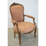 French Carved Walnut Framed Louis XV style Open Armchair with upholstered back and seat, 69cms