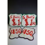 Four Painted Wooden Fairground Price Signs including ' 3 Balls for 1.50 ', between 25cms to 28cms