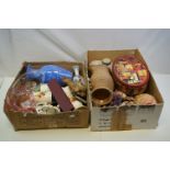 Two boxes of ceramics and glass to include vases, dog figure, Royal Albert Country Roses bells, etc.