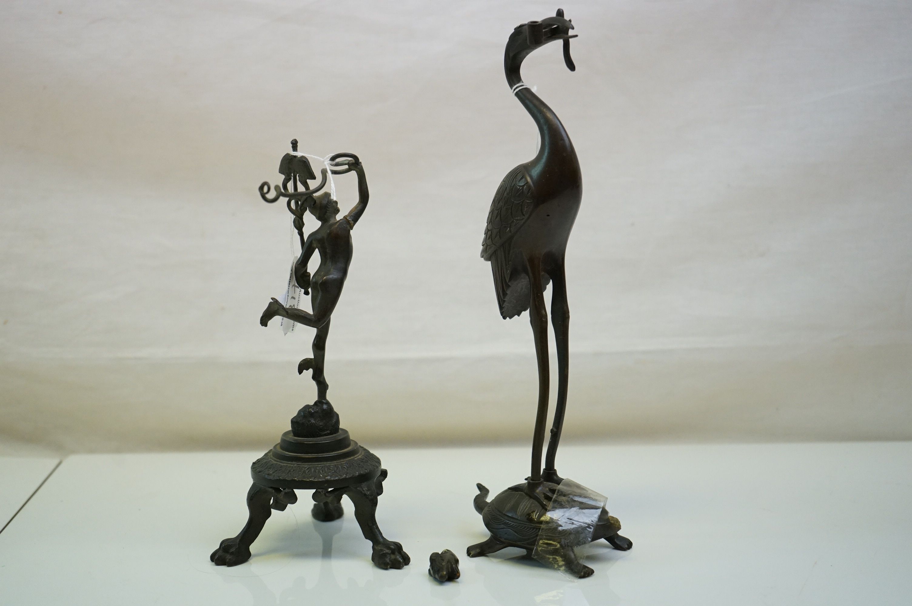 Japanese Bronze Stork & Tortoise Figure (a/f), 27cms high and a Figure of Hermes