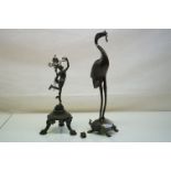 Japanese Bronze Stork & Tortoise Figure (a/f), 27cms high and a Figure of Hermes