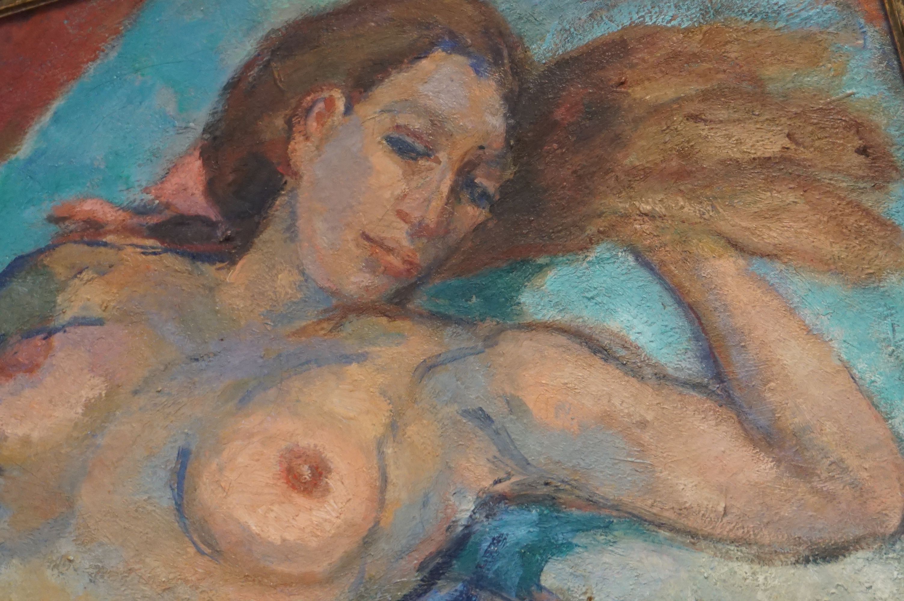 A 20th century oil on canvas of a recumbent nude women 56 x 87 cm initialled A E C. - Image 2 of 4