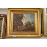 A gilt framed oil on board painting of a rural scene with rocks.
