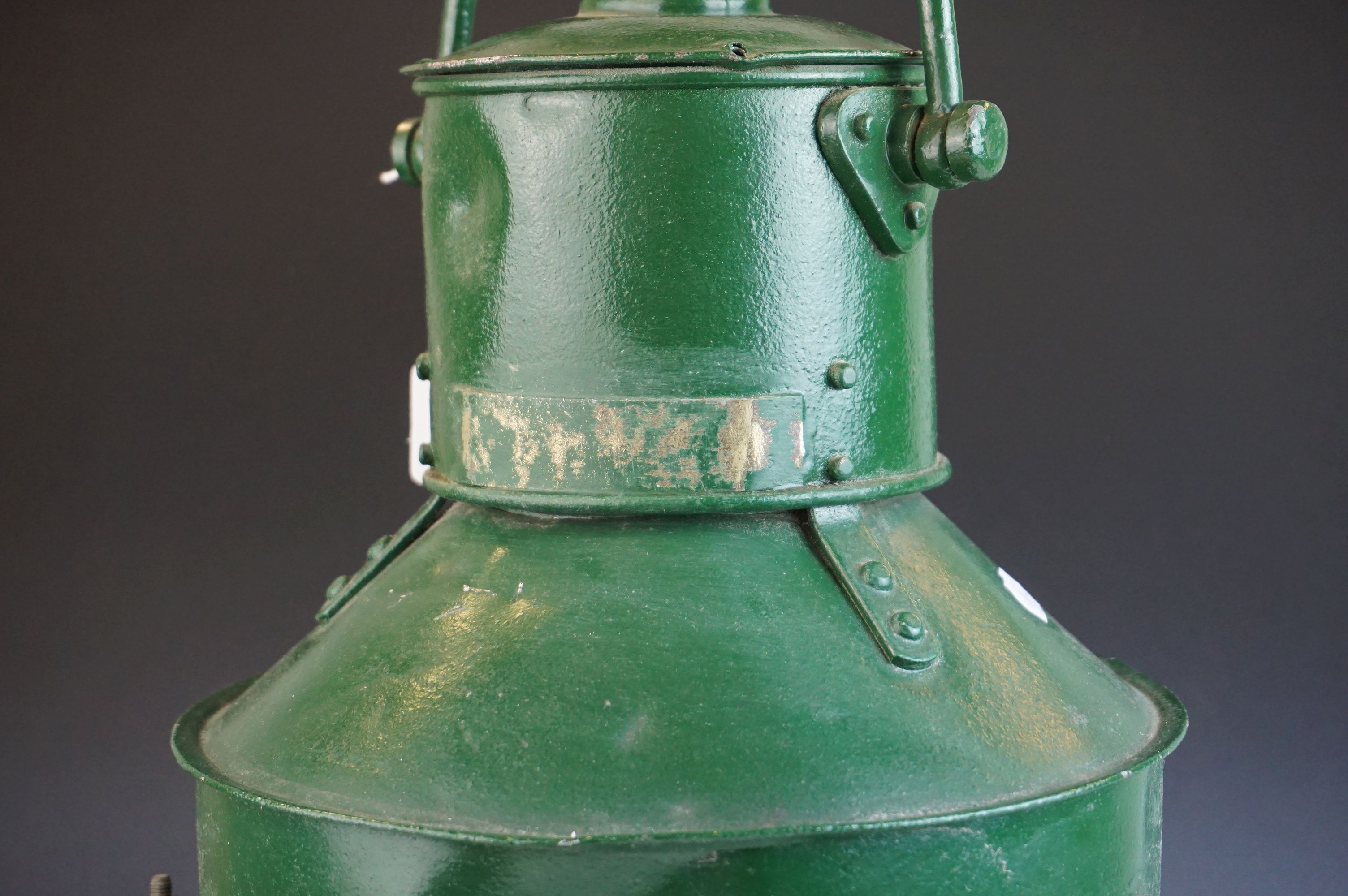 Ships Lamp, green finish, converted to electric, 1930's, 54cms high (to top of handle) - Image 4 of 6