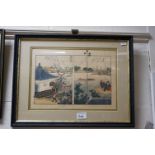 Signed Japanese Woodblocks of Picturesque River Scenes with male figures, mounted in one frame.