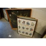 A group of framed prints to include Cuneo steam print, floral and military etc.