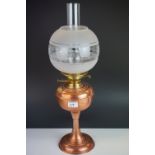 Late 19th century Copper Oil Lamp with etched bulbous glass shade and chimney, 62cms high