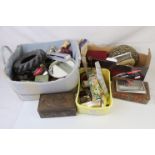 A collection of mixed collectables to include cuttlery, cigarette cases and vanity set contained