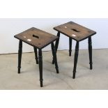 Pair of Part Painted Elm Square Top Stools with turned legs