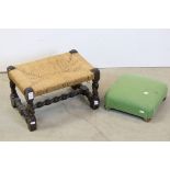 Oak Footstool with rush seat and barley-twist supports, 42cms wide together with Square Footstool
