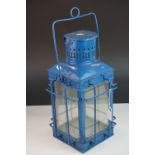 Ships Lantern, Blue finish, 1930's, 48cms high (to top of handle)
